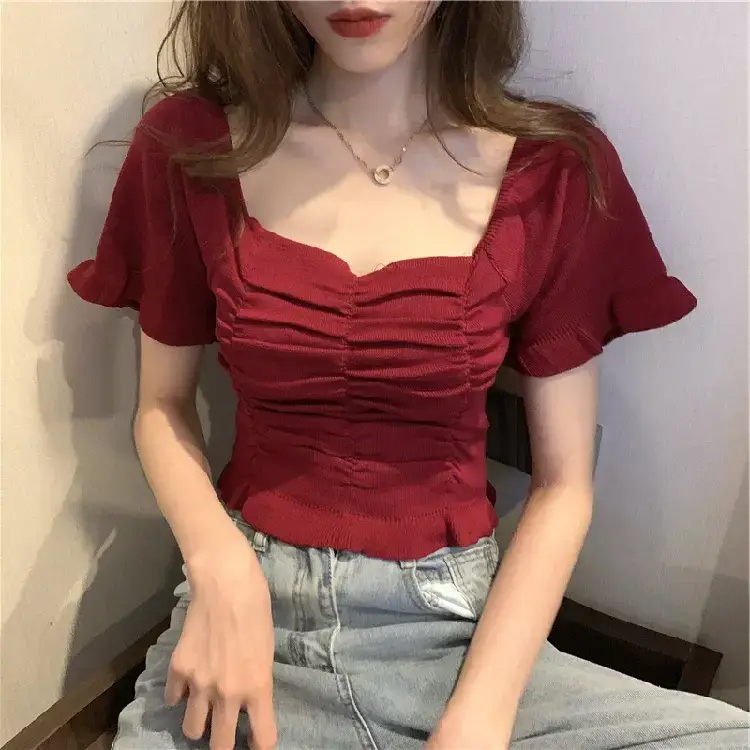 Women Red French Style Short Top with Clavicle