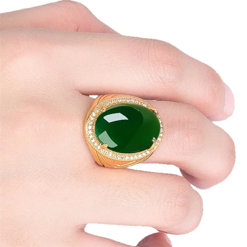 Green Chalcedony Ring with Diamond Set 925 Silver Adjustable - Image 16