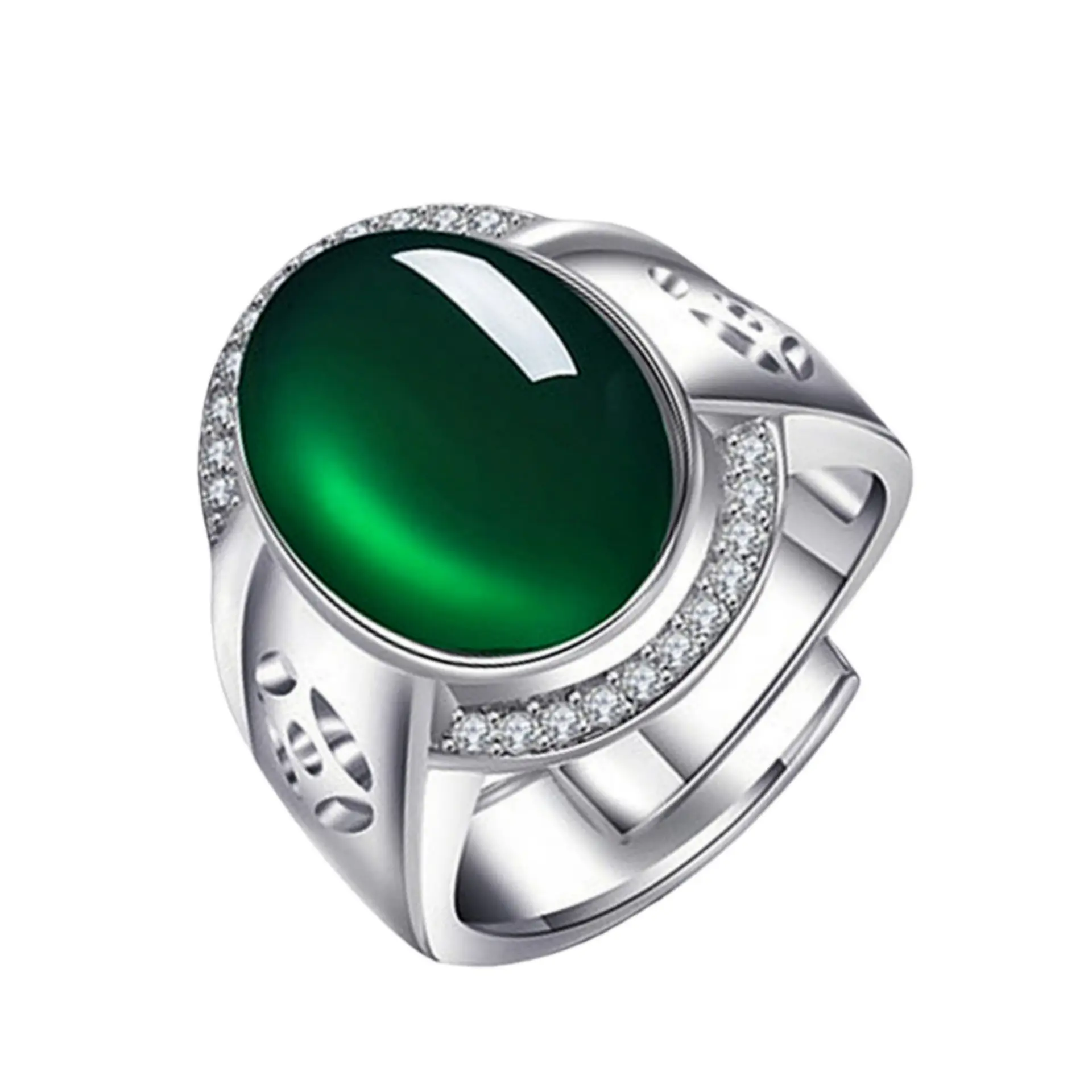 Green Chalcedony Ring with Diamond Set 925 Silver Adjustable - Image 10