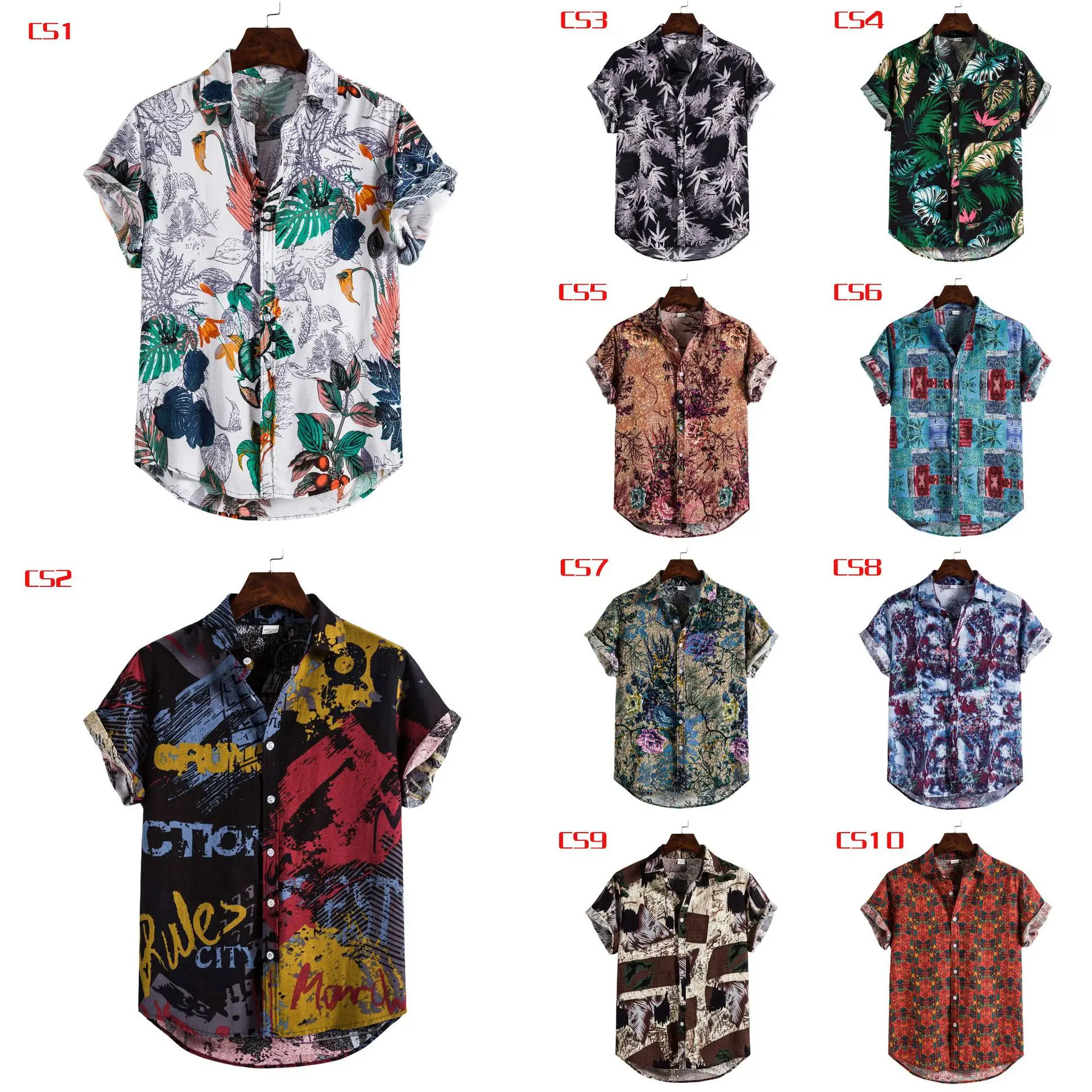 Men's 2020CS Printed Short Sleeve Shirt Blue Red Patchwork - Image 24