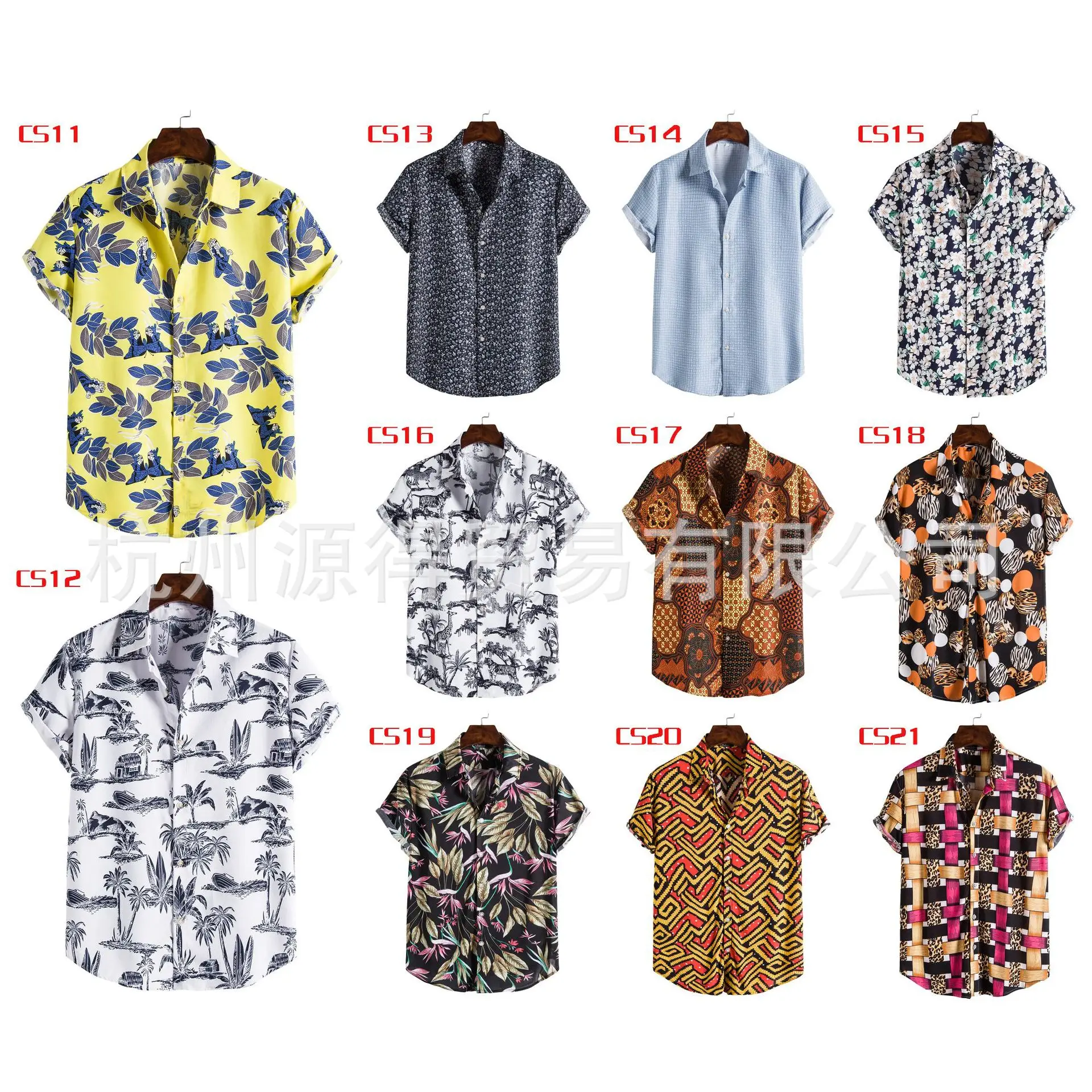 Men's 2020CS Printed Short Sleeve Shirt Blue Red Patchwork - Image 25