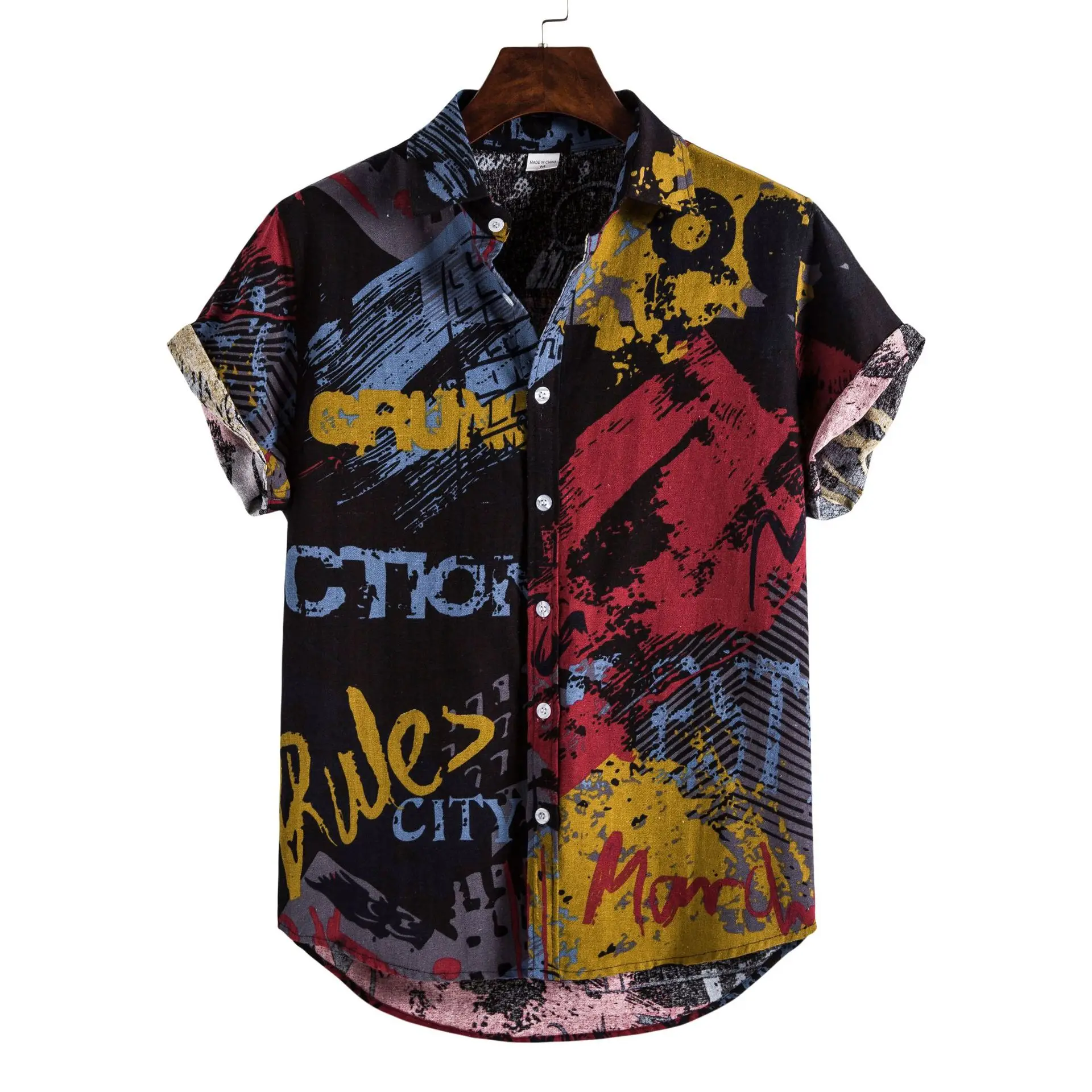 Men's 2020CS Printed Short Sleeve Shirt Blue Red Patchwork - Image 2
