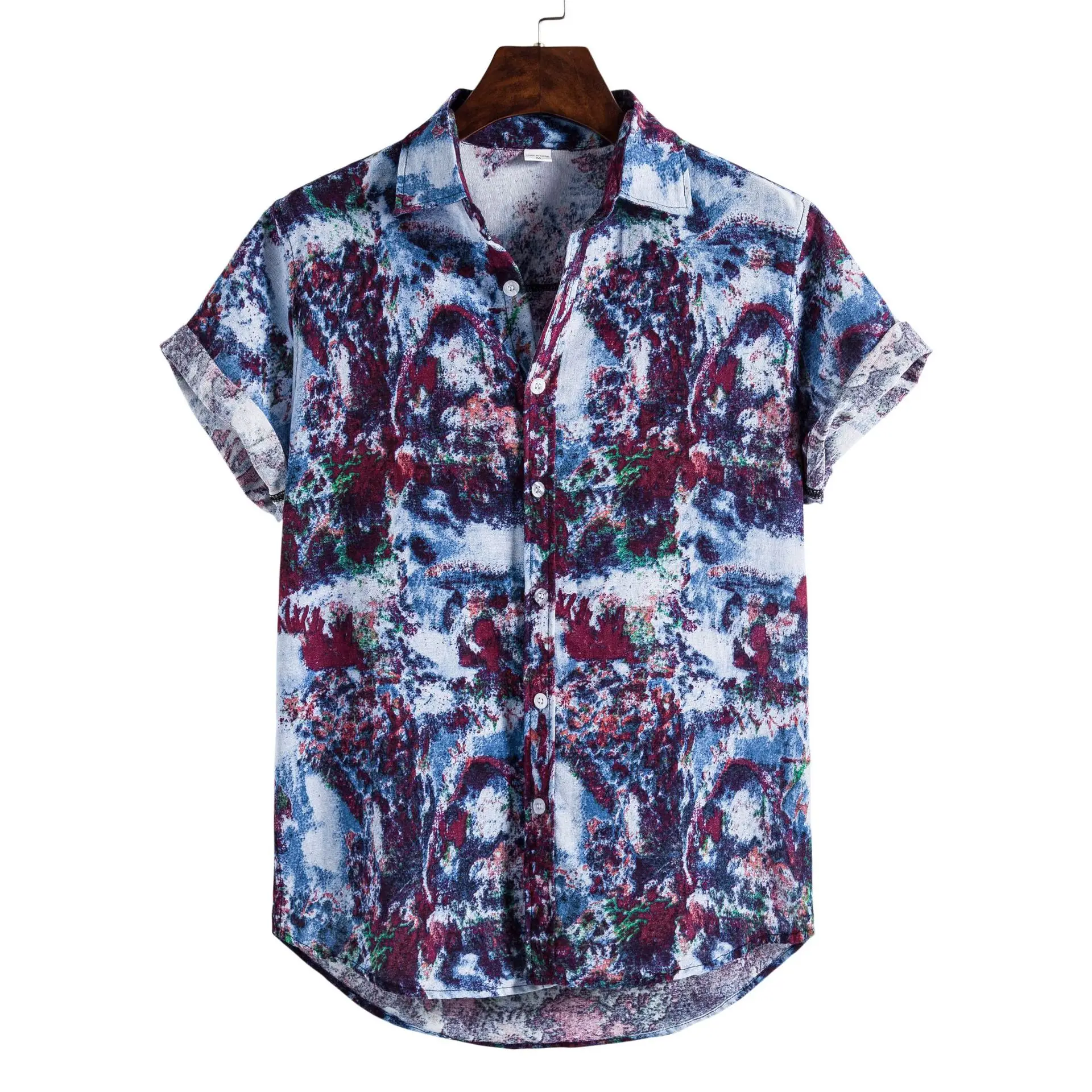 Men's 2020CS Printed Short Sleeve Shirt Blue Red Patchwork - Image 7