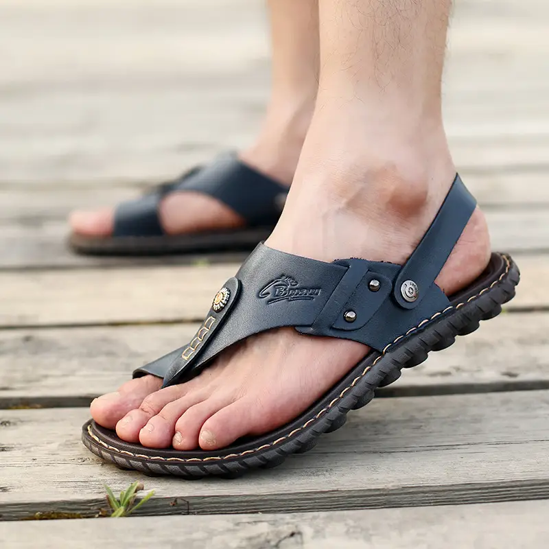 Men's Brown Leather Casual Sandals with Clip-Leg Design