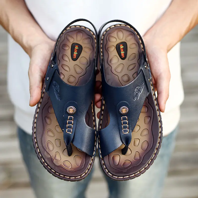 Men's Brown Leather Casual Sandals with Clip-Leg Design