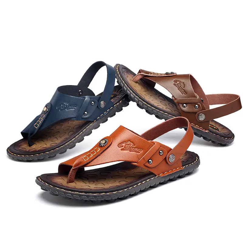 Men's Brown Leather Casual Sandals with Clip-Leg Design