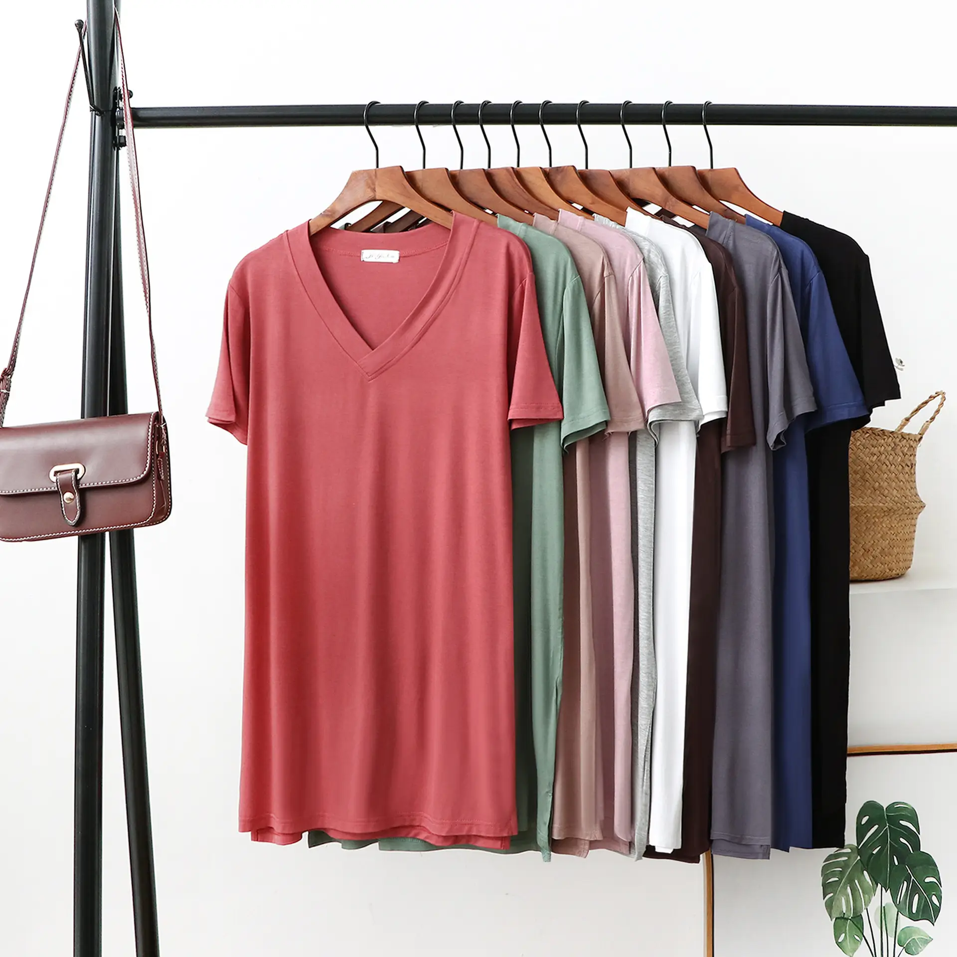 Women V-Neck T-Shirt Brown Loose Fit Mid Length - Image 11