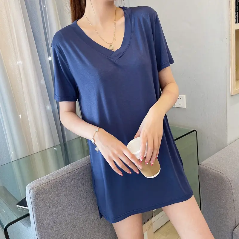 Women V-Neck T-Shirt Brown Loose Fit Mid Length - Image 12