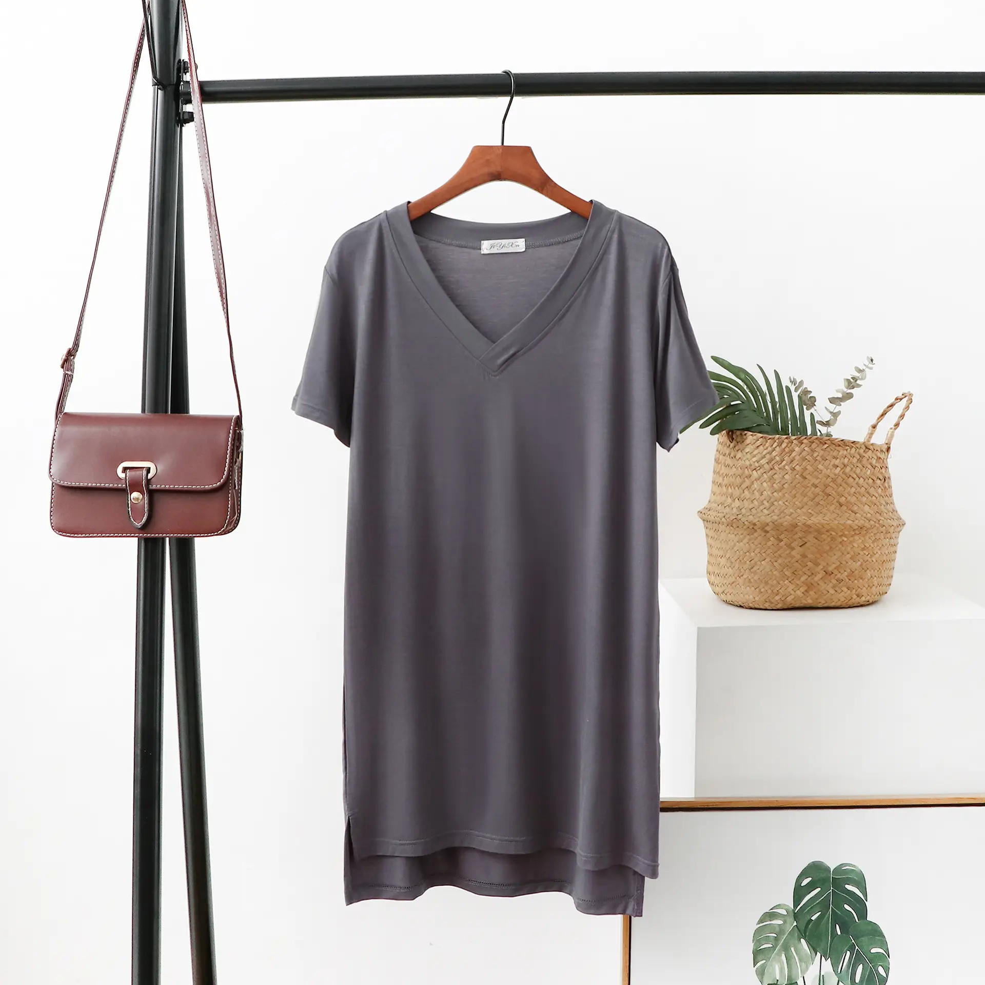 Women V-Neck T-Shirt Brown Loose Fit Mid Length - Image 9