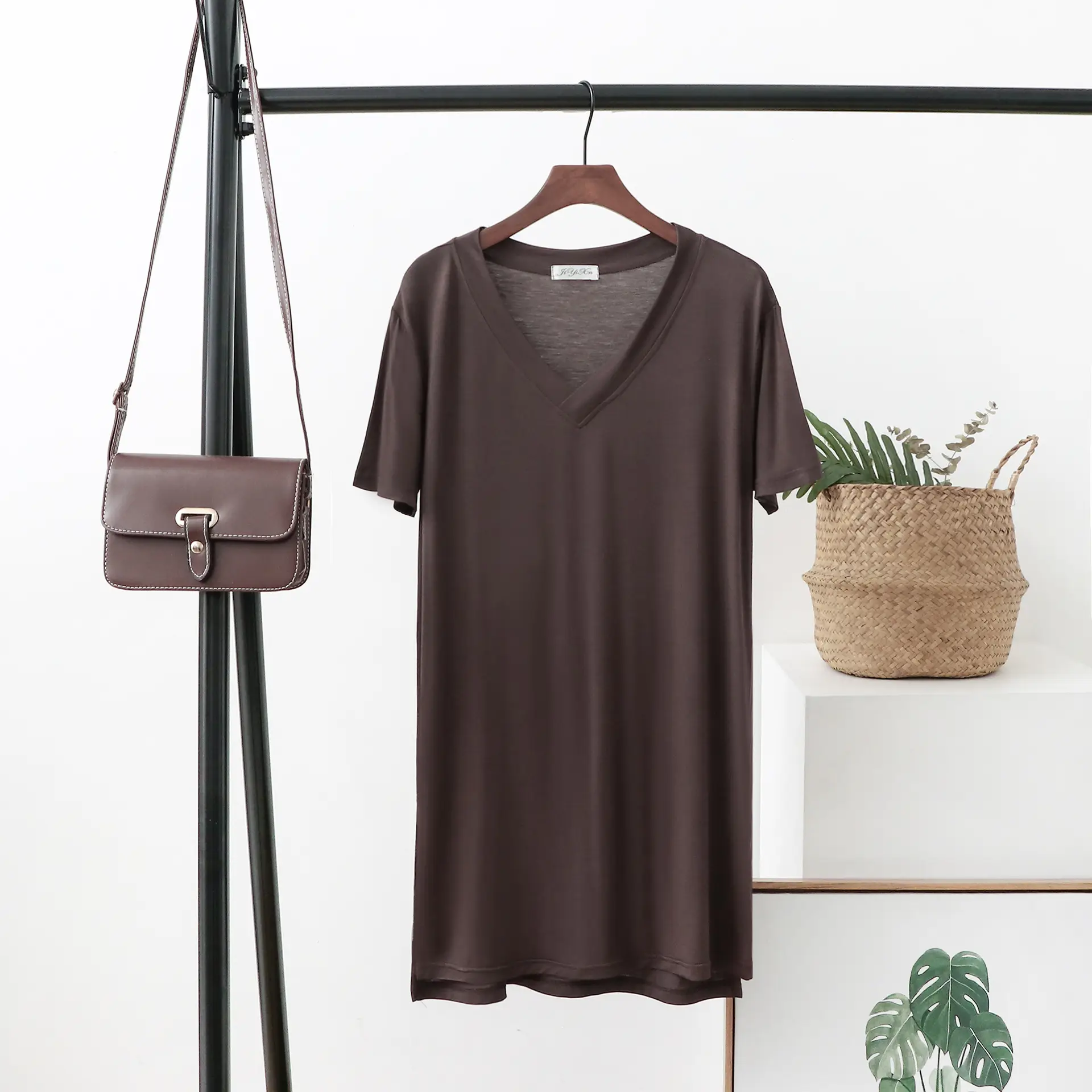 Women V-Neck T-Shirt Brown Loose Fit Mid Length - Image 10