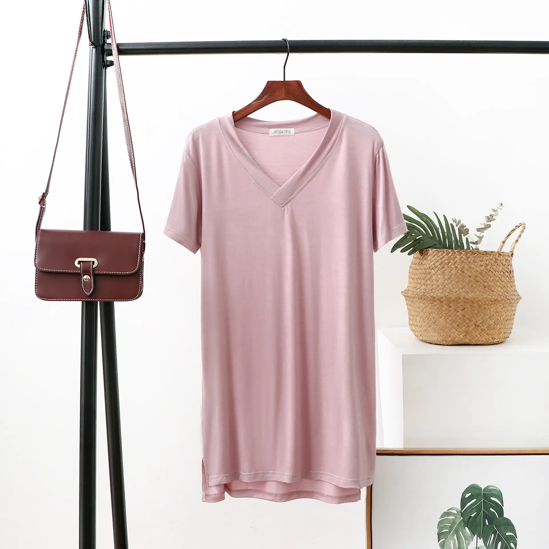 Women V-Neck T-Shirt Brown Loose Fit Mid Length - Image 2