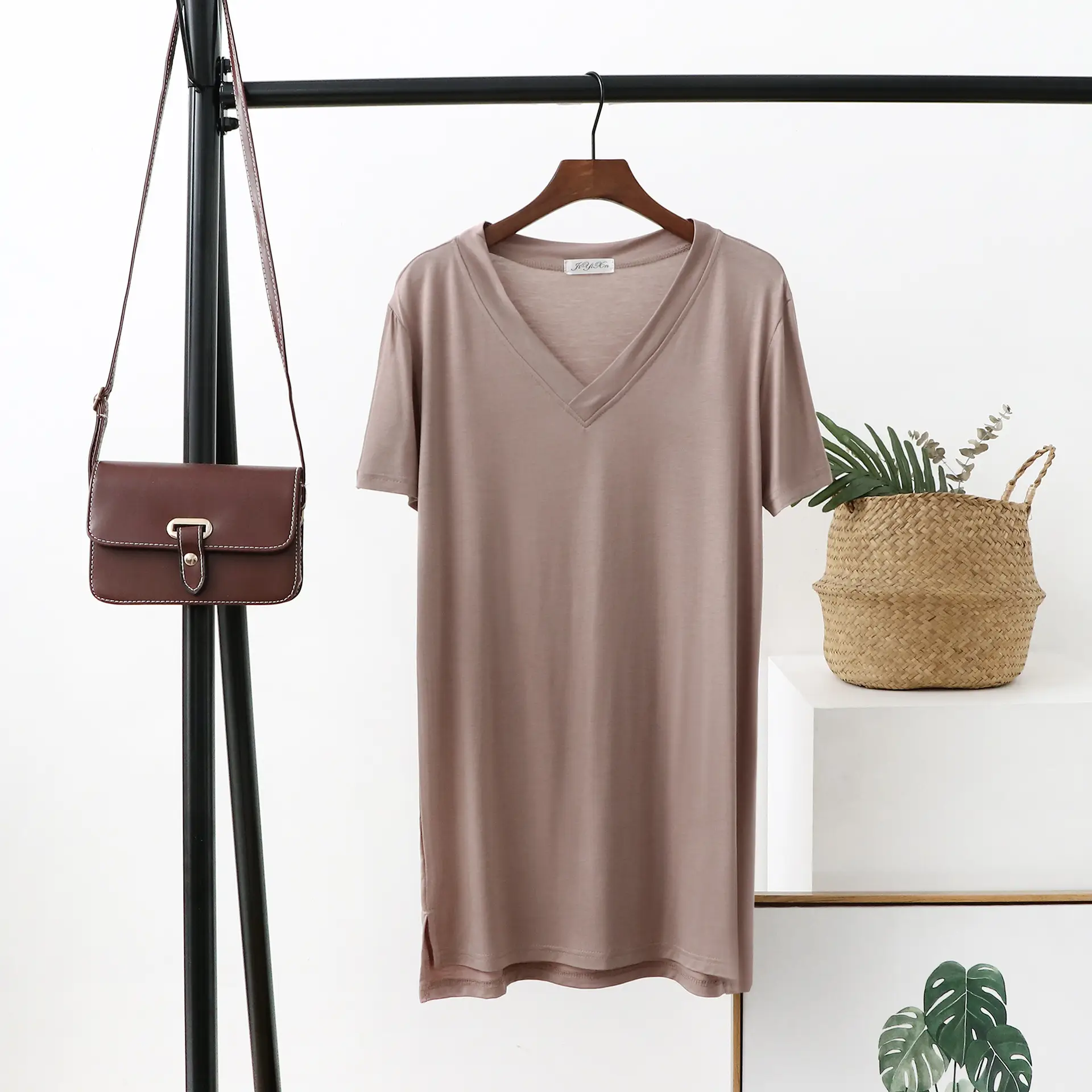 Women V-Neck T-Shirt Brown Loose Fit Mid Length - Image 3