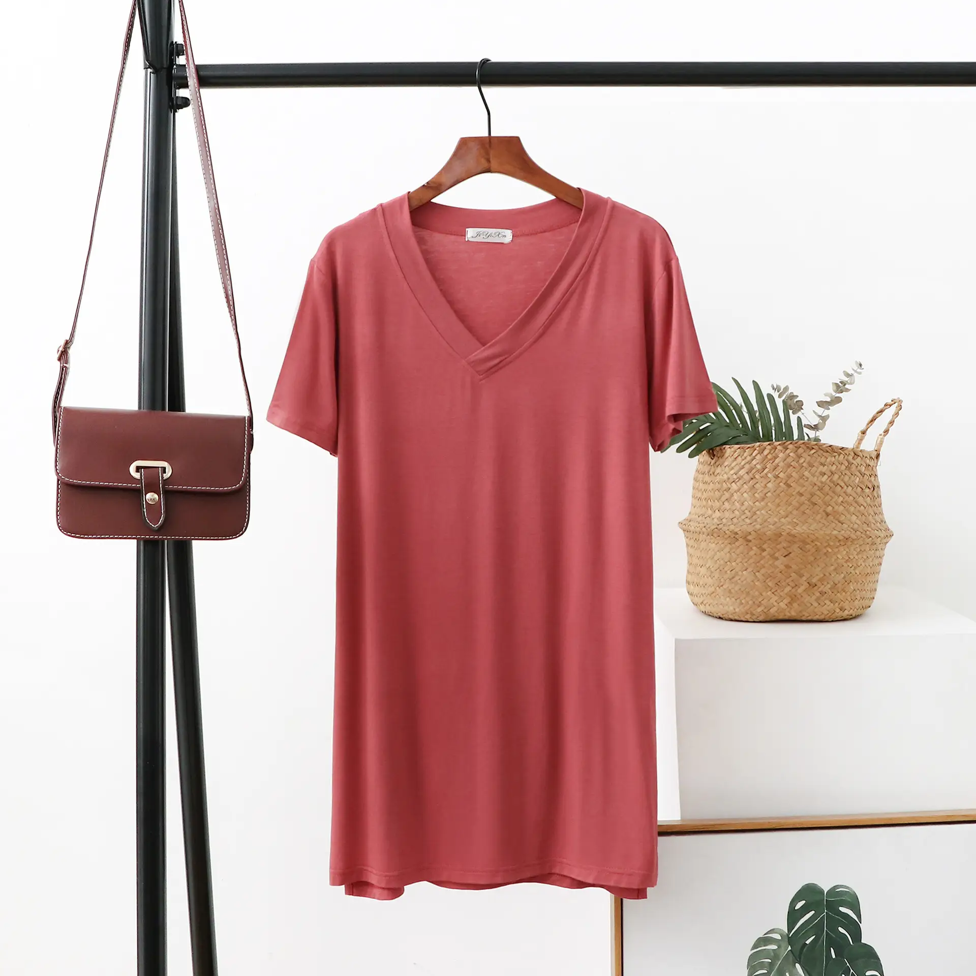 Women V-Neck T-Shirt Brown Loose Fit Mid Length - Image 5