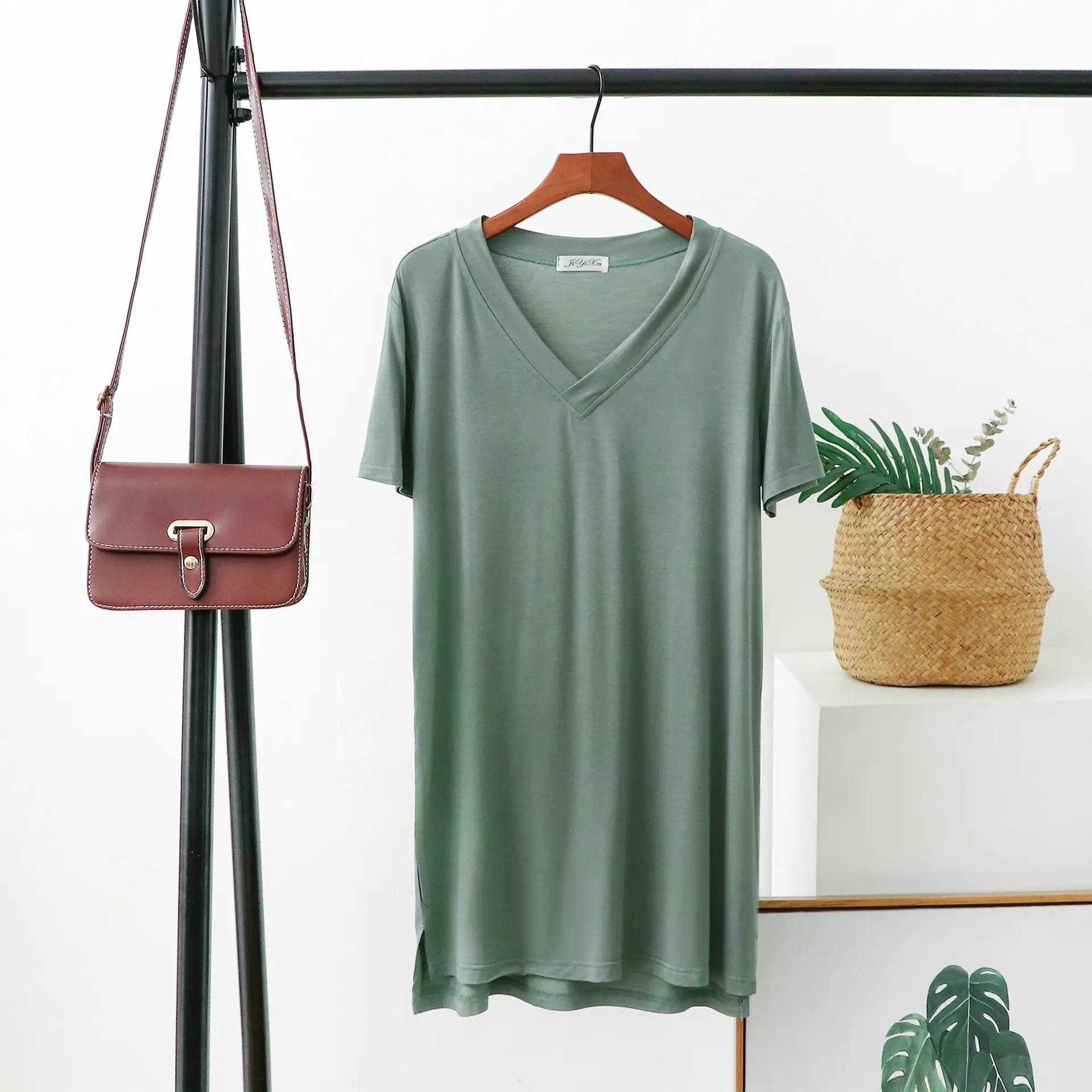 Women V-Neck T-Shirt Brown Loose Fit Mid Length - Image 6