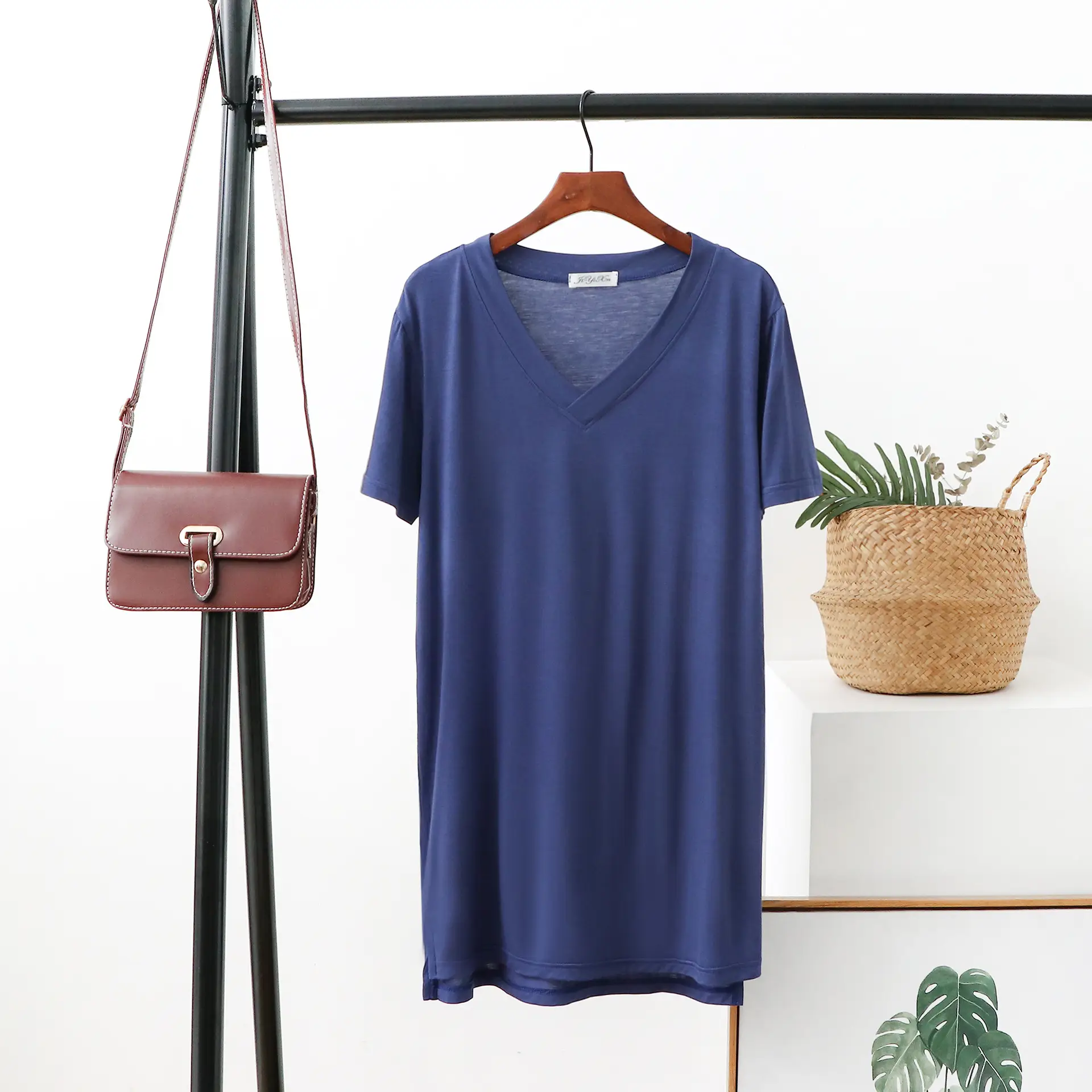 Women V-Neck T-Shirt Brown Loose Fit Mid Length - Image 7