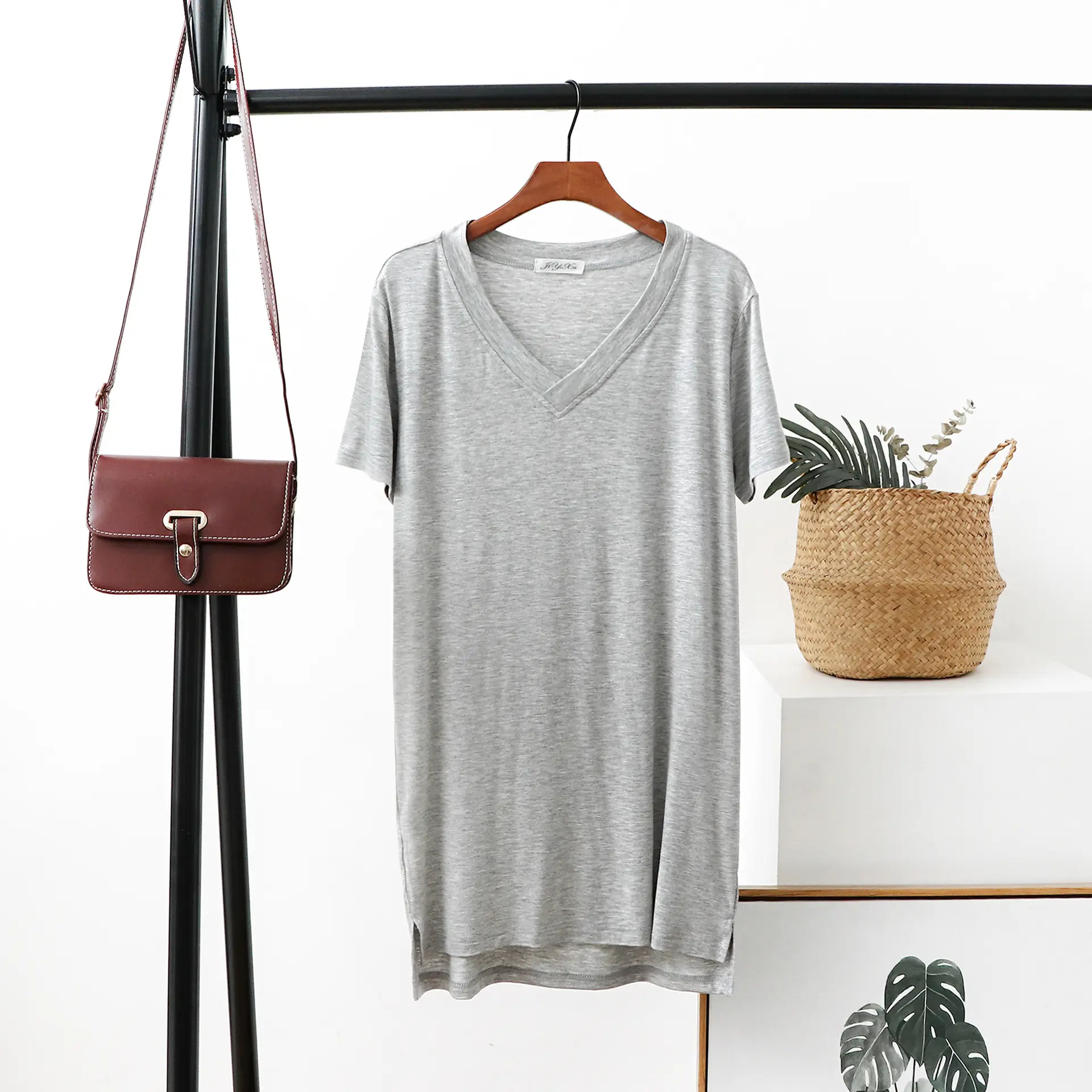 Women V-Neck T-Shirt Brown Loose Fit Mid Length - Image 8