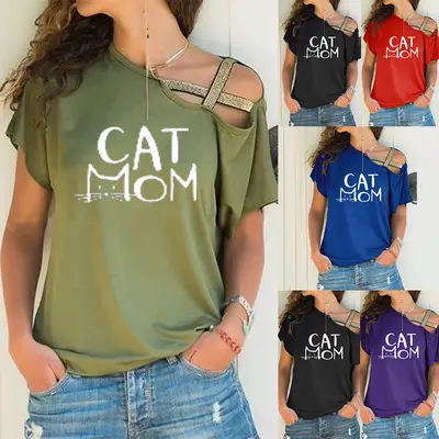 Blue Cross Shoulder Irregular Short Sleeve Women's T-Shirt - Image 10