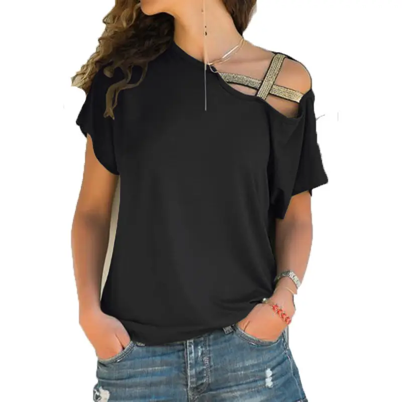 Blue Cross Shoulder Irregular Short Sleeve Women's T-Shirt - Image 13