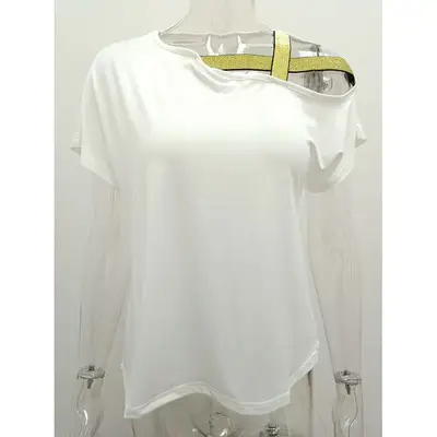 Blue Cross Shoulder Irregular Short Sleeve Women's T-Shirt - Image 3