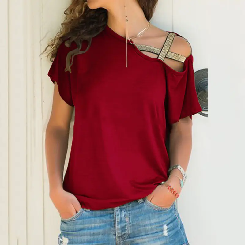 Blue Cross Shoulder Irregular Short Sleeve Women's T-Shirt - Image 7