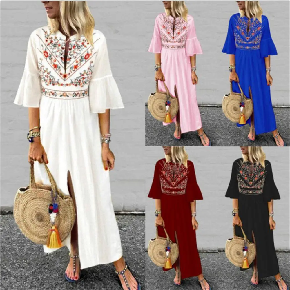 Pink Ethnic Printed Lined Dress with Flared Sleeves