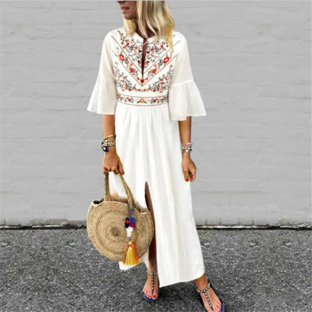 Pink Ethnic Printed Lined Dress with Flared Sleeves