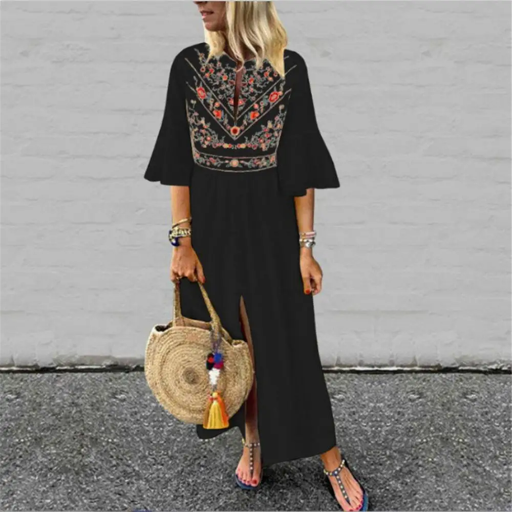 Pink Ethnic Printed Lined Dress with Flared Sleeves