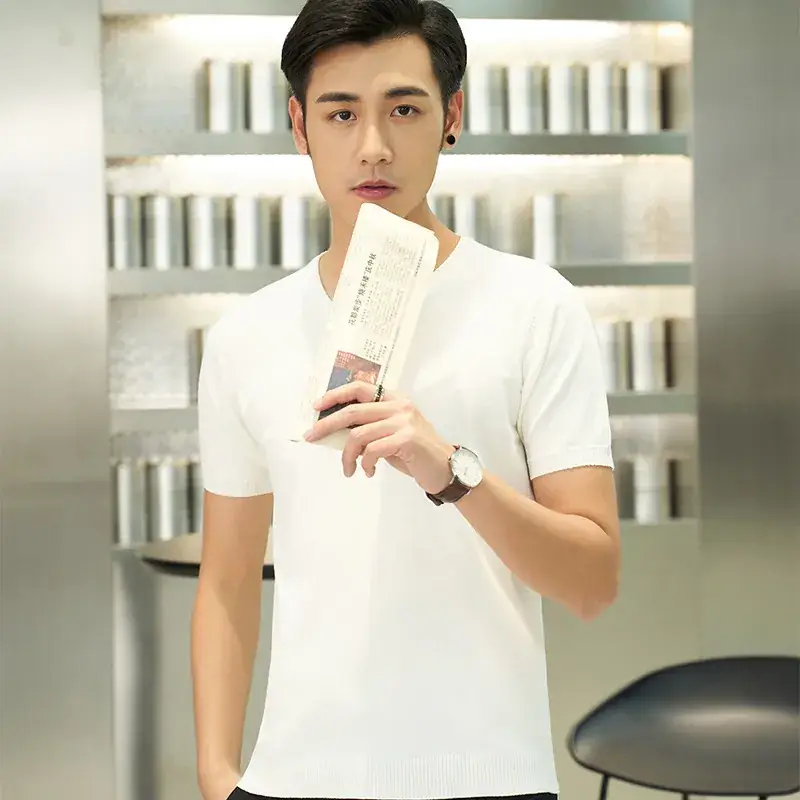 Men V-neck Solid Color T-Shirt Slim Fit - Image 6