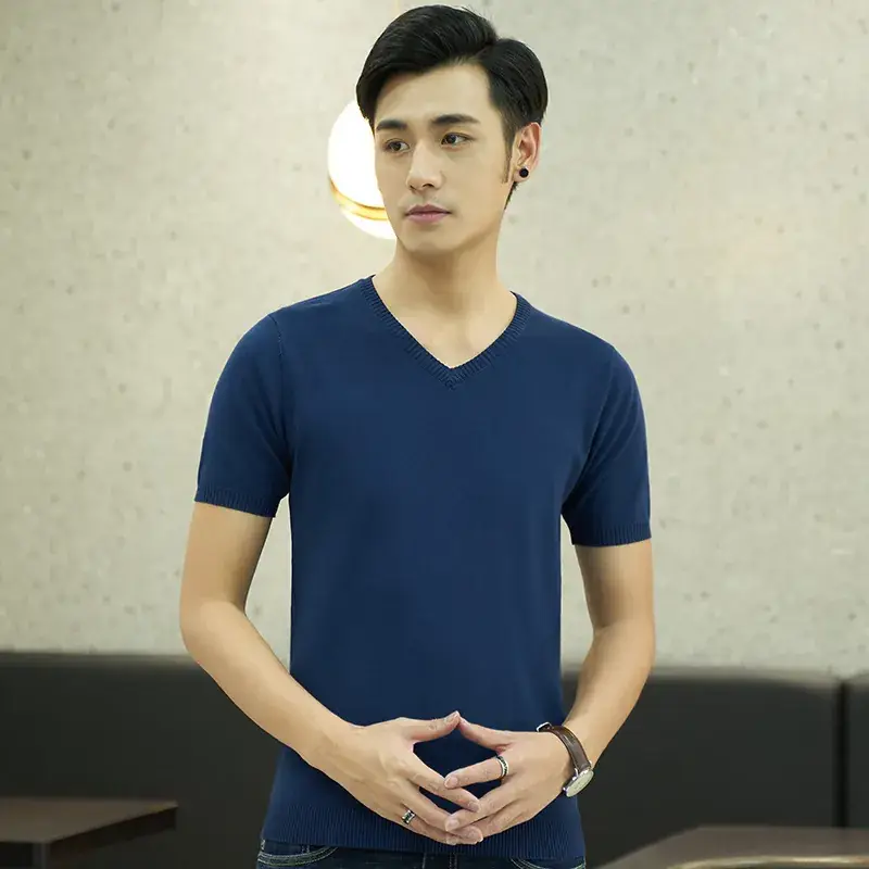 Men V-neck Solid Color T-Shirt Slim Fit - Image 7