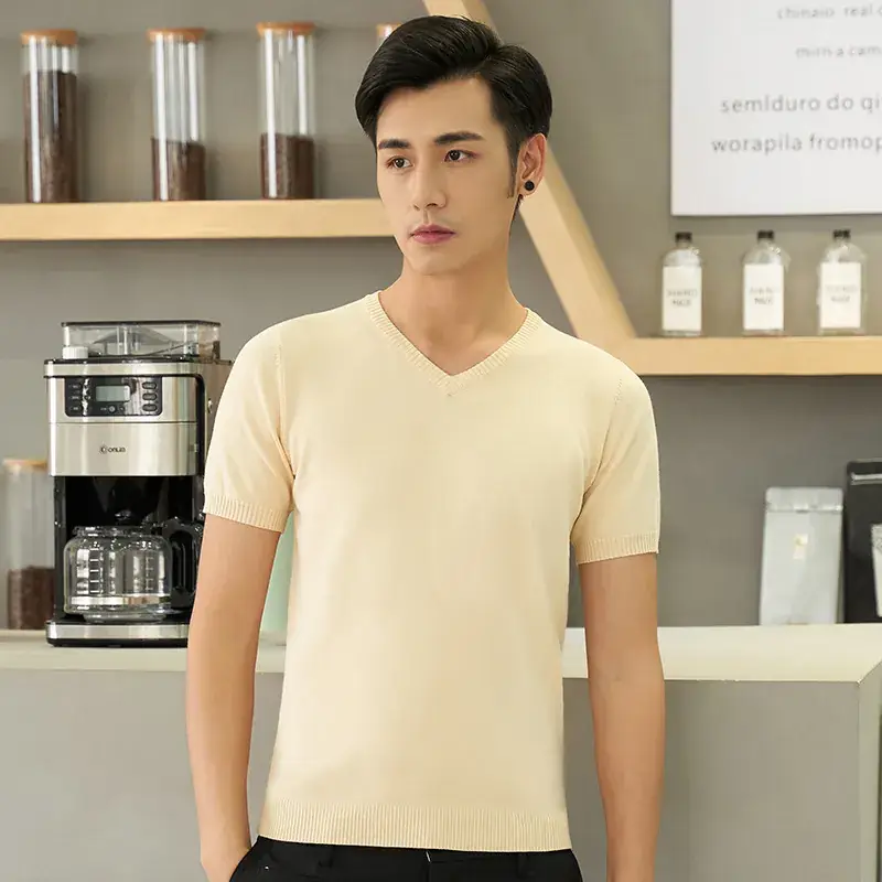 Men V-neck Solid Color T-Shirt Slim Fit - Image 8