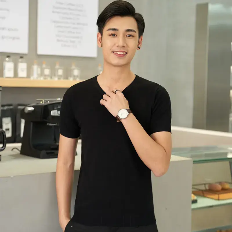Men V-neck Solid Color T-Shirt Slim Fit - Image 2