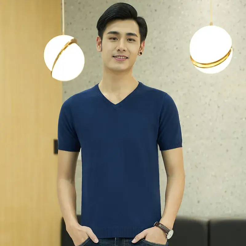 Men V-neck Solid Color T-Shirt Slim Fit - Image 3