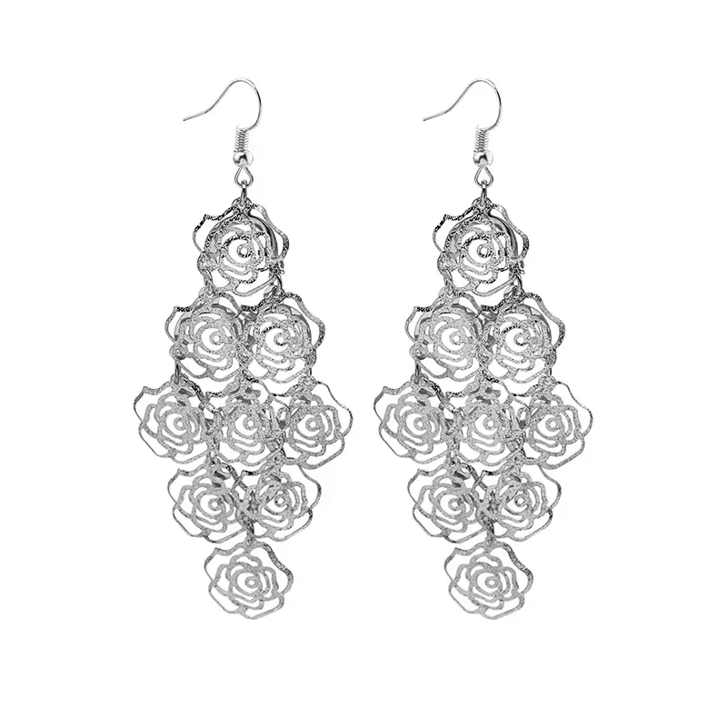 European & American Multi-layer Metal Hollow Rose Diamond Geometric Butterfly Tassel Earrings Ethnic Long Earrings - Image 14