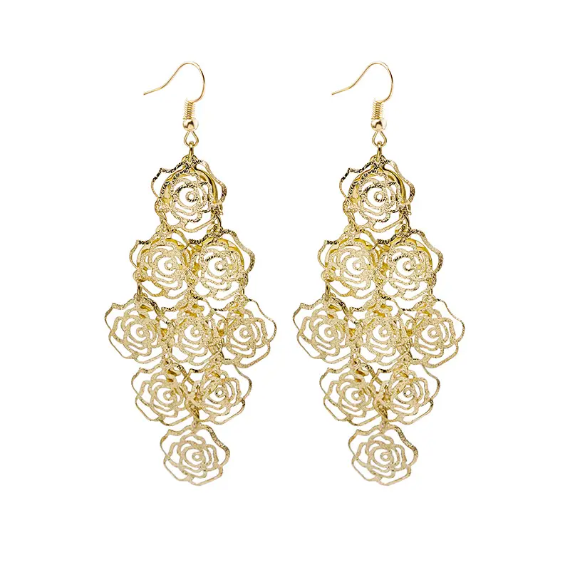 European & American Multi-layer Metal Hollow Rose Diamond Geometric Butterfly Tassel Earrings Ethnic Long Earrings - Image 6