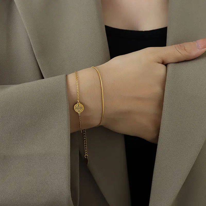 18K Gold Double Layer Happy Snake Chain Bracelet for Women - Image 6