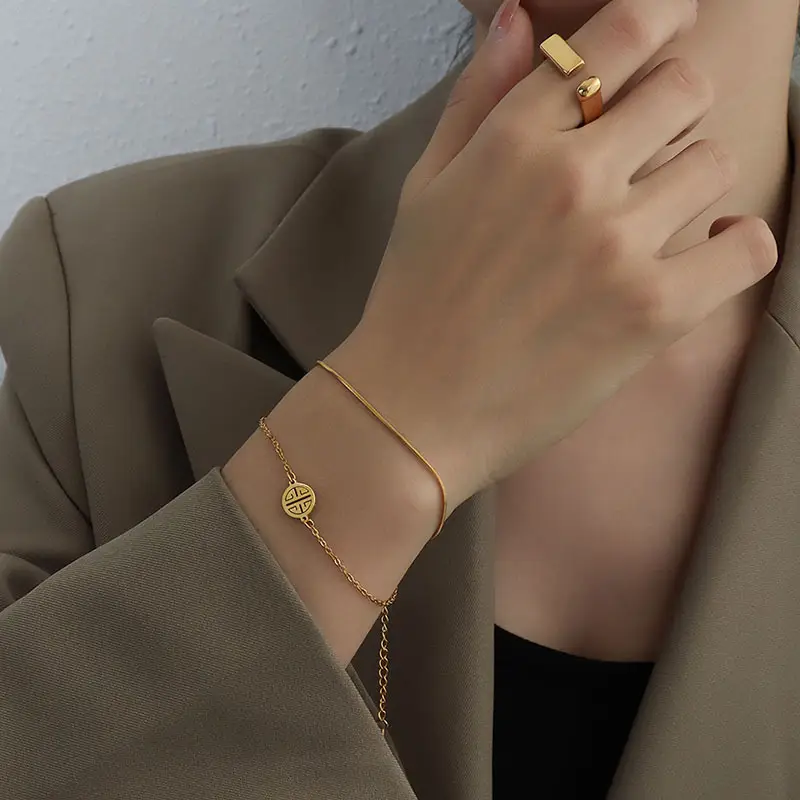 18K Gold Double Layer Happy Snake Chain Bracelet for Women - Image 7