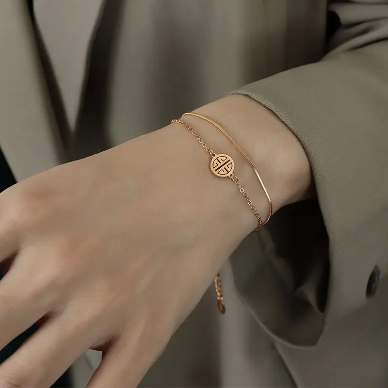 18K Gold Double Layer Happy Snake Chain Bracelet for Women - Image 3