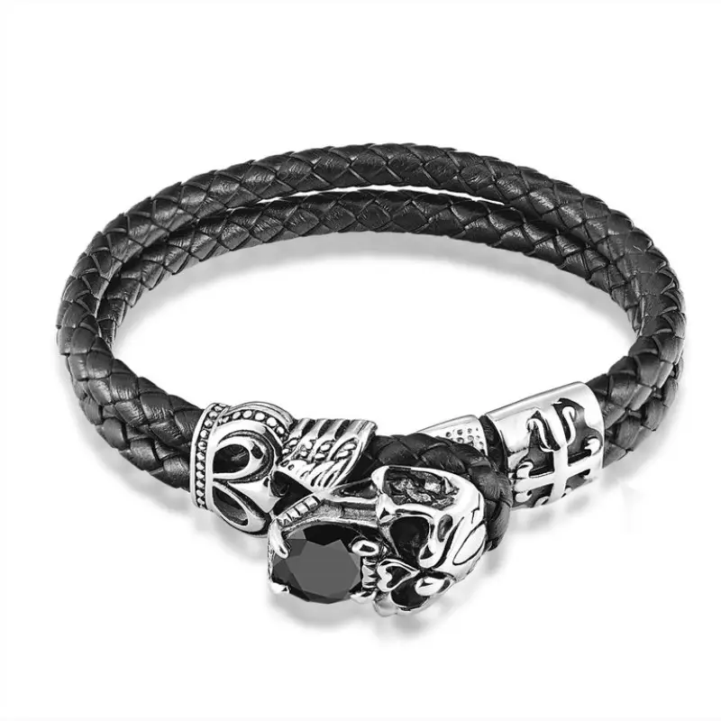 Classic Skull Bone Leather Bracelet Black Stainless Steel - Image 2