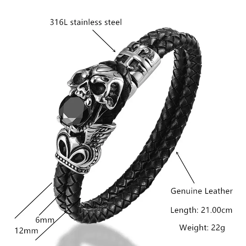 Classic Skull Bone Leather Bracelet Black Stainless Steel - Image 4
