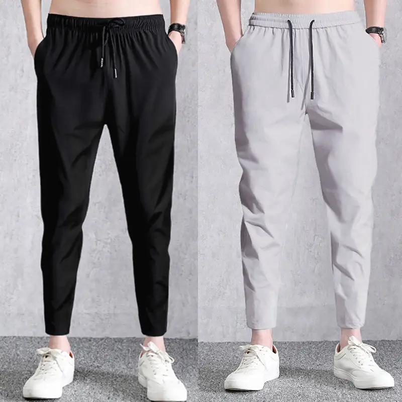 Men's Ice Silk Cropped Pants Black Grey - Image 5