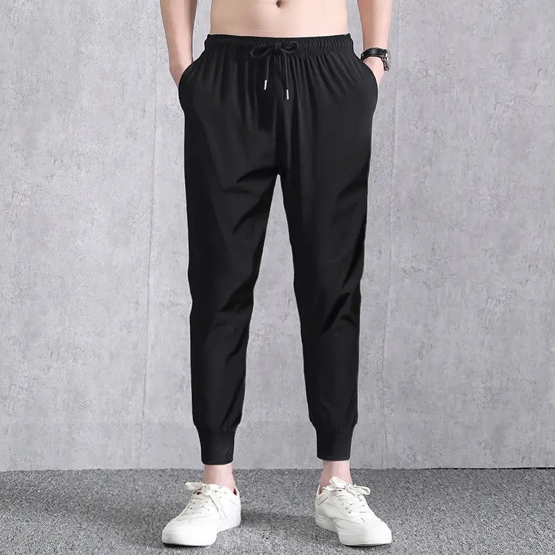 Men's Ice Silk Cropped Pants Black Grey - Image 3
