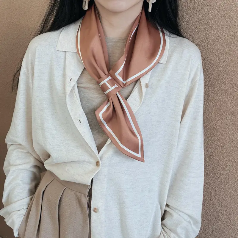Korean Style Silk Scarf for Women Pink Beige - Image 6
