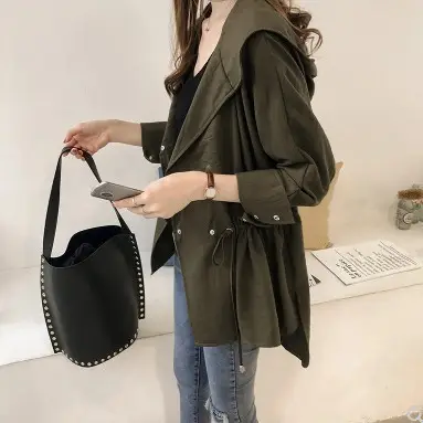Women's Olive Green Loose Bf Trench Coat Mid-Length Casual Long Sleeve - Image 6
