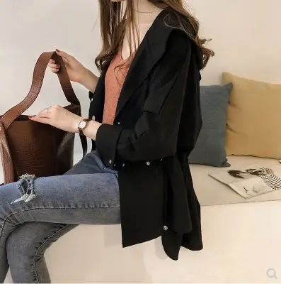 Women's Olive Green Loose Bf Trench Coat Mid-Length Casual Long Sleeve - Image 7
