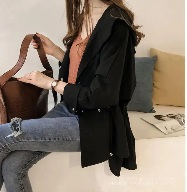 Women's Olive Green Loose Bf Trench Coat Mid-Length Casual Long Sleeve — feature 2