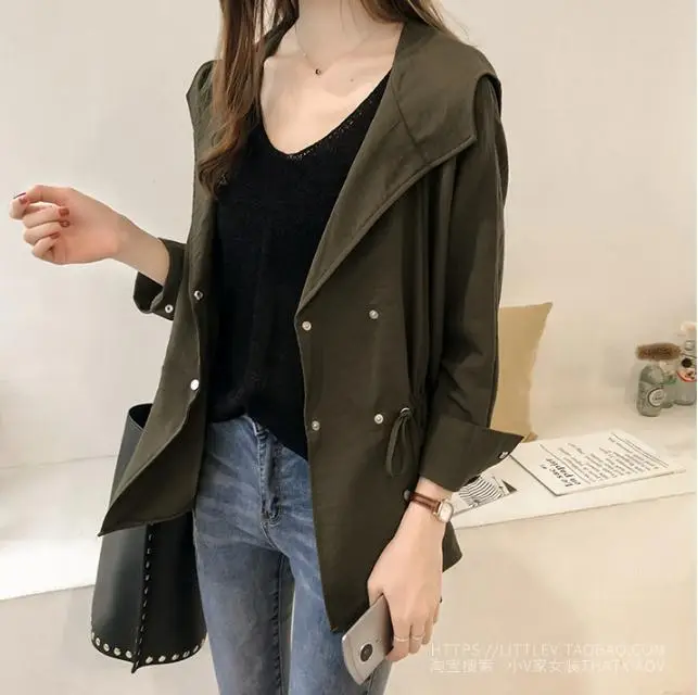 Women's Olive Green Loose Bf Trench Coat Mid-Length Casual Long Sleeve — feature 5