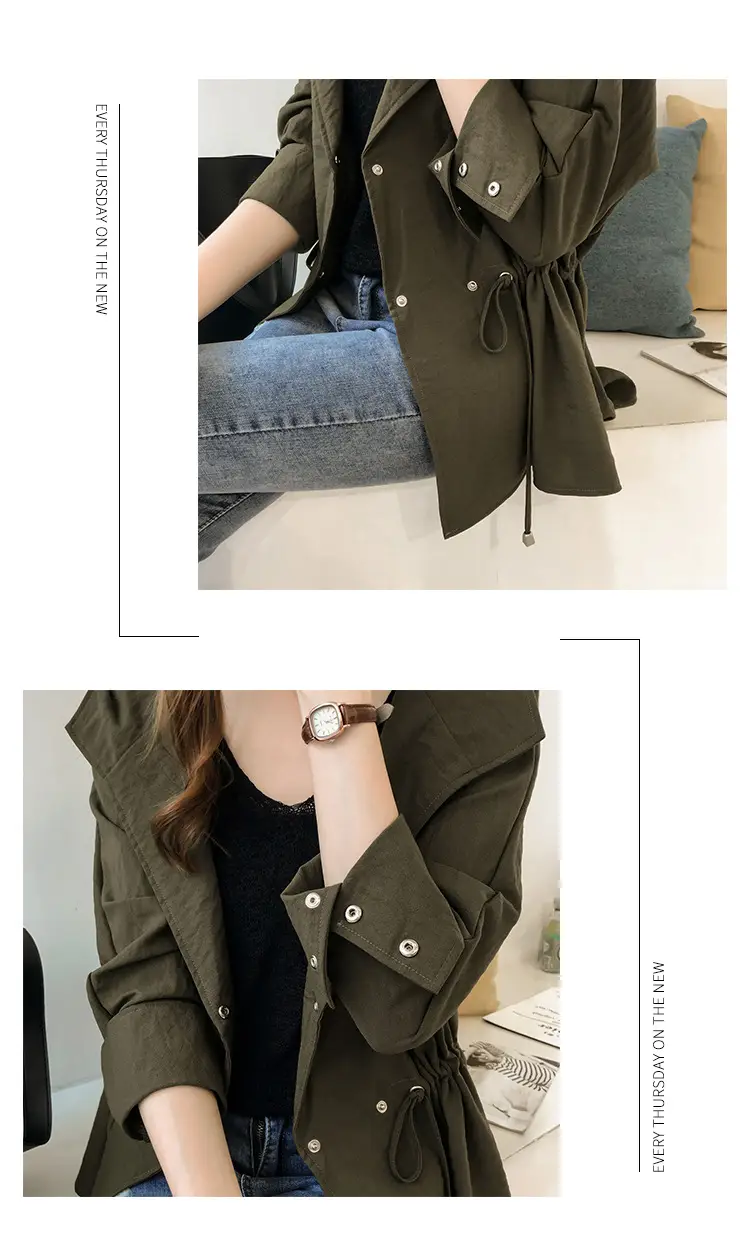 Women's Olive Green Loose Bf Trench Coat Mid-Length Casual Long Sleeve — feature 7