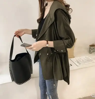 Women's Olive Green Loose Bf Trench Coat Mid-Length Casual Long Sleeve - Image 4