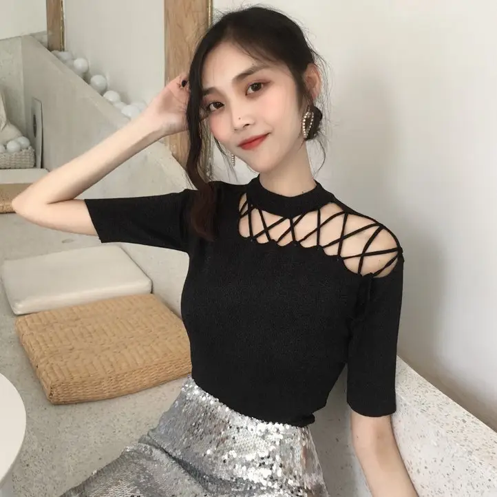 Black Hollow Strap Shoulder Knit Top Slim Fit Women - Image 3