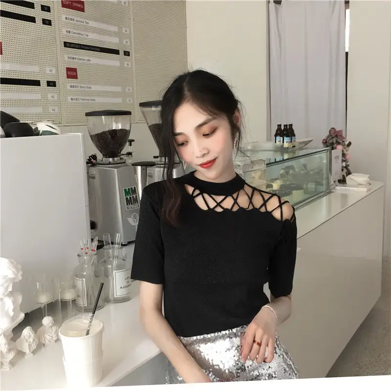 Black Hollow Strap Shoulder Knit Top Slim Fit Women — feature 11